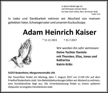 Traueranzeige von Adam Heinrich Kaiser von Trauerportal Rhein Main Presse