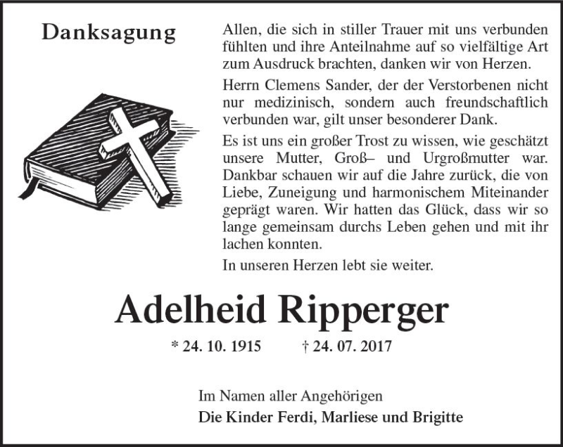  Traueranzeige für Adelheid Ripperger vom 04.08.2017 aus Trauerportal Rhein Main Presse