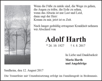 Traueranzeige von Adolf Harth von Trauerportal Rhein Main Presse