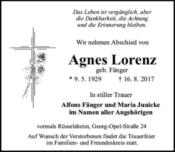 Traueranzeige von Agnes Lorenz von Trauerportal Rhein Main Presse