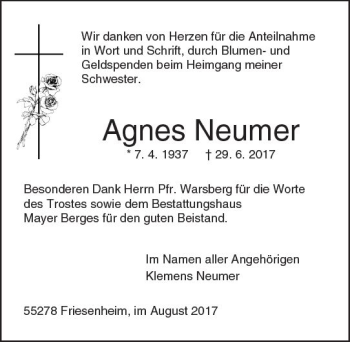 Traueranzeige von Agnes Neumer von Trauerportal Rhein Main Presse