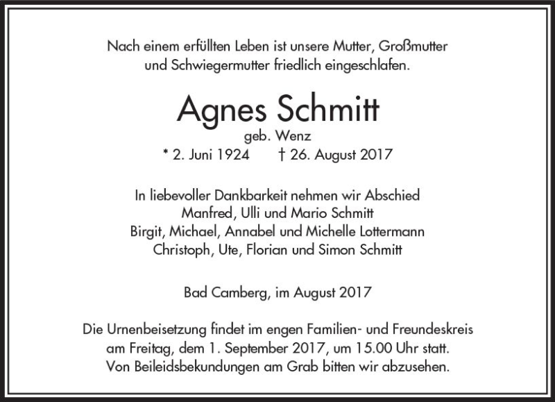  Traueranzeige für Agnes Schmitt vom 31.08.2017 aus  Camberger Anzeiger