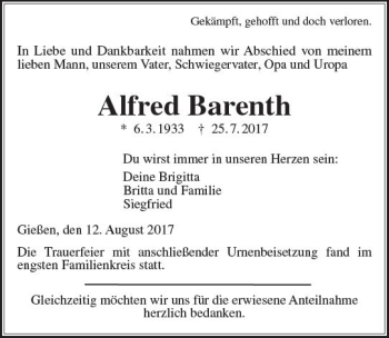 Traueranzeige von Alfred Barenth von  Gießener Anzeiger