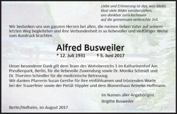 Traueranzeige von Alfred Busweiler von Trauerportal Rhein Main Presse