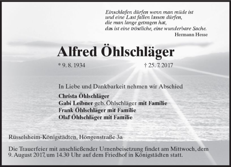  Traueranzeige für Alfred Öhlschläger vom 05.08.2017 aus Trauerportal Rhein Main Presse