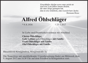 Traueranzeige von Alfred Öhlschläger von Trauerportal Rhein Main Presse