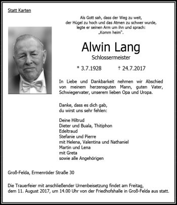 Traueranzeige von Alwin Lang von VRM Trauer