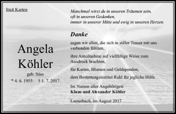 Traueranzeige von Angela Köhler von VRM Trauer