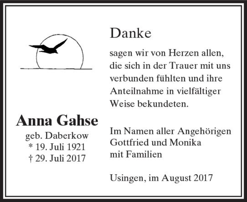  Traueranzeige für Anna Gahse vom 19.08.2017 aus  Usinger Anzeiger