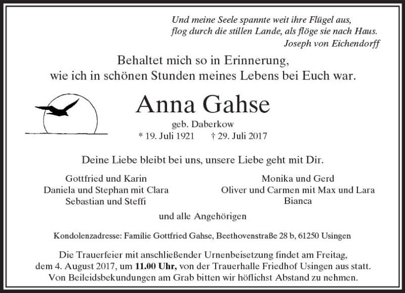  Traueranzeige für Anna Gahse vom 01.08.2017 aus  Usinger Anzeiger