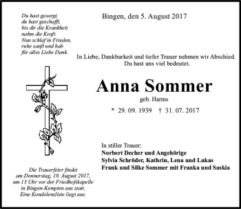 Traueranzeige von Anna Sommer von Trauerportal Rhein Main Presse