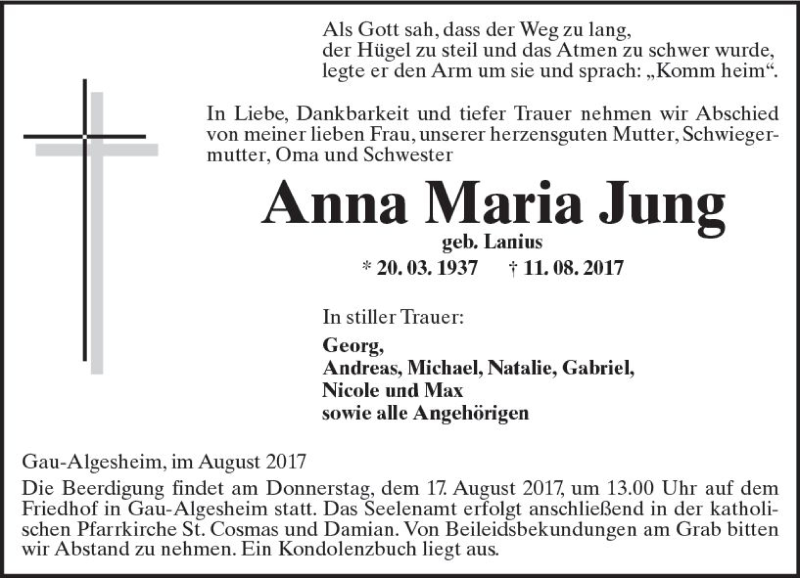 Traueranzeige für Anna Maria Jung vom 15.08.2017 aus Trauerportal Rhein Main Presse