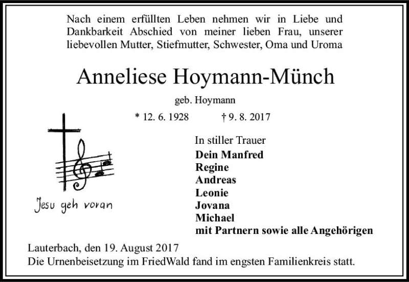  Traueranzeige für Anneliese Hoymann-Münch vom 19.08.2017 aus VRM Trauer