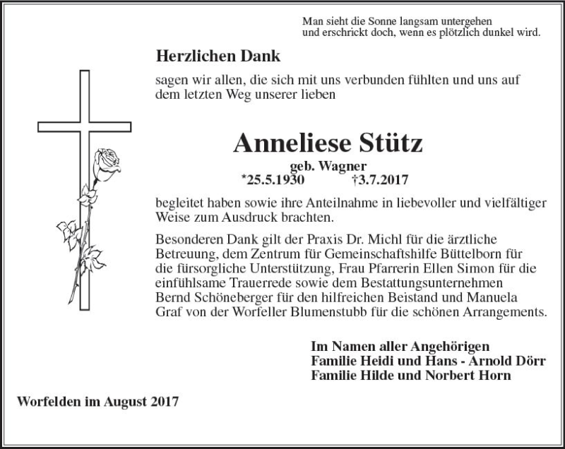  Traueranzeige für Anneliese Stütz vom 05.08.2017 aus Trauerportal Echo Online