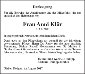 Traueranzeige von Anni Klär von  Gießener Anzeiger