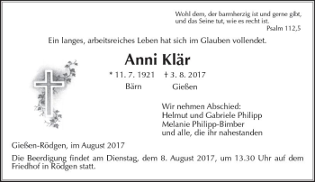 Traueranzeige von Anni Klär von  Gießener Anzeiger