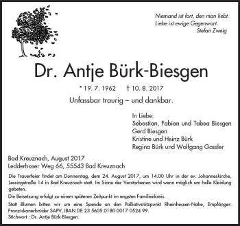 Traueranzeige von Antje Bürk-Biesgen von Trauerportal Rhein Main Presse