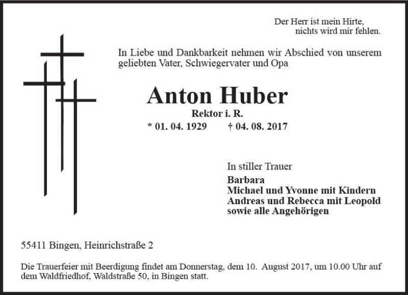  Traueranzeige für Anton Huber vom 05.08.2017 aus Trauerportal Rhein Main Presse