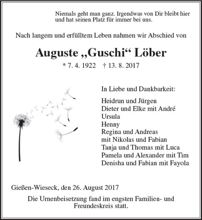  Traueranzeige für Auguste  Löber vom 26.08.2017 aus  Gießener Anzeiger
