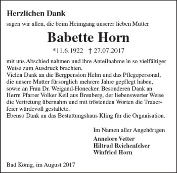 Traueranzeige von Babette Horn von Trauerportal Echo Online