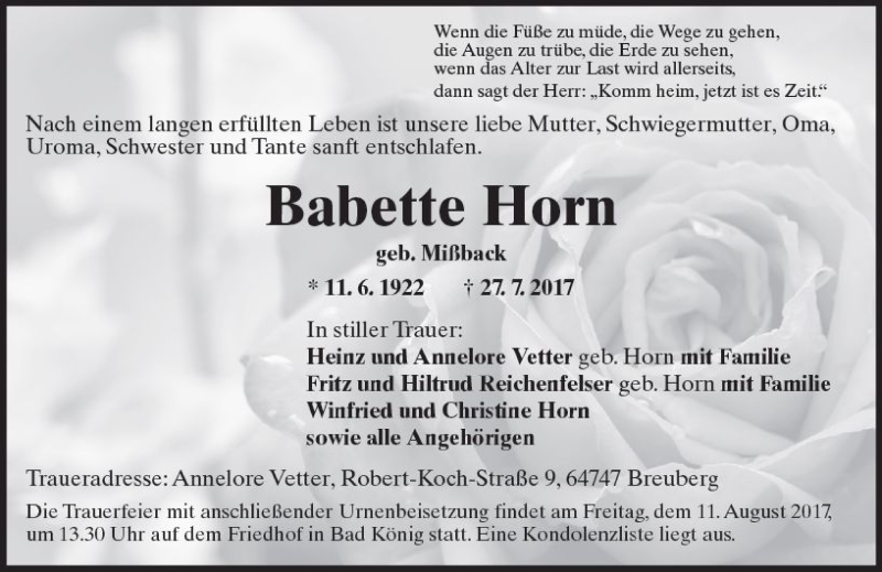  Traueranzeige für Babette Horn vom 09.08.2017 aus Trauerportal Echo Online