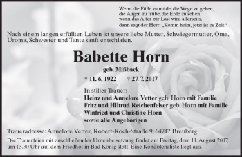 Traueranzeige von Babette Horn von Trauerportal Echo Online