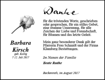Traueranzeige von Barbara Kirsch von Trauerportal Rhein Main Presse