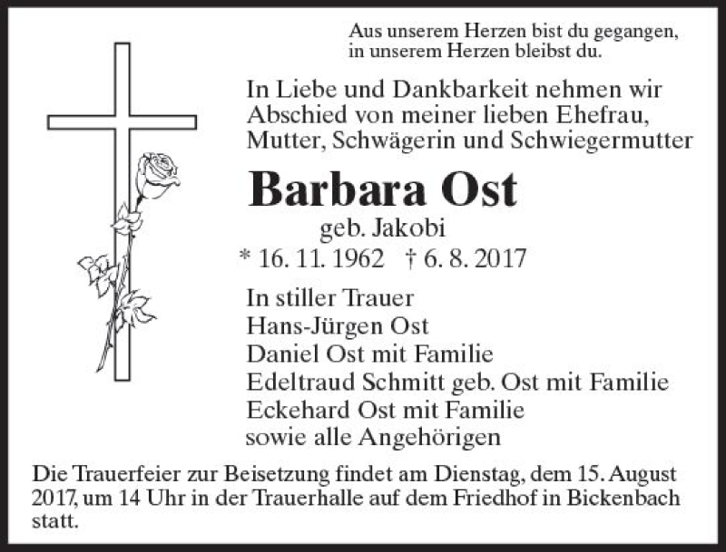  Traueranzeige für Barbara Ost vom 12.08.2017 aus Trauerportal Echo Online