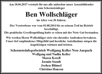 Traueranzeige von Ben Wollschläger von  Usinger Anzeiger