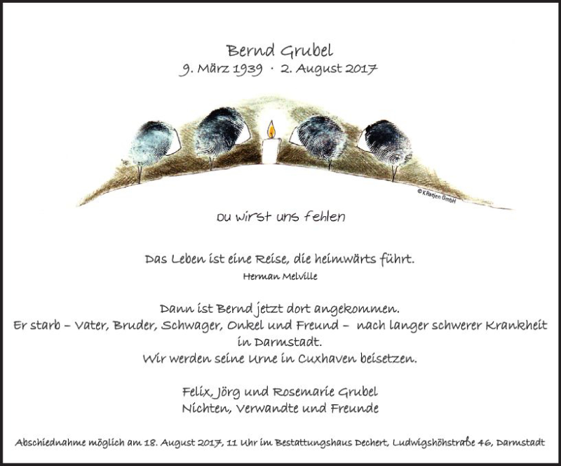  Traueranzeige für Bernd Grubel vom 05.08.2017 aus Trauerportal Echo Online