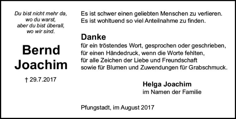  Traueranzeige für Bernd Joachim vom 26.08.2017 aus Trauerportal Echo Online