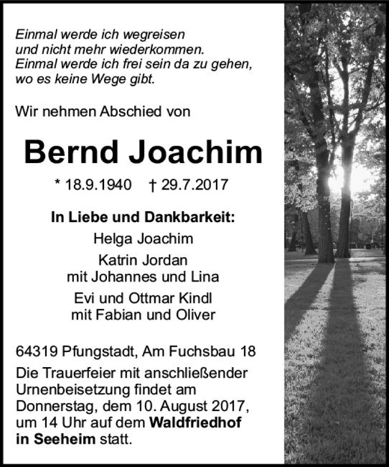  Traueranzeige für Bernd Joachim vom 05.08.2017 aus Trauerportal Echo Online
