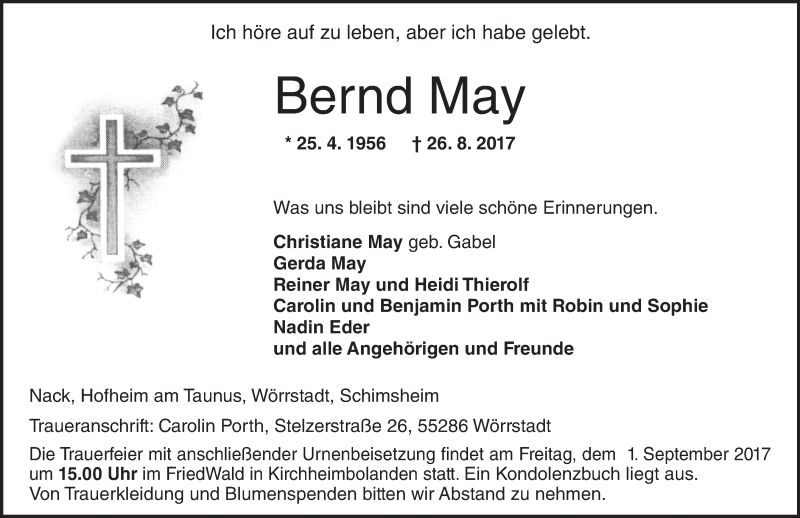  Traueranzeige für Bernd May vom 30.08.2017 aus Trauerportal Rhein Main Presse