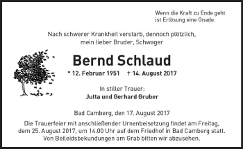 Traueranzeige von Bernd Schlaud von  Camberger Anzeiger