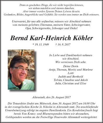 Traueranzeige von Bernd Karl-Heinrich Köhler von  Kreisanzeiger