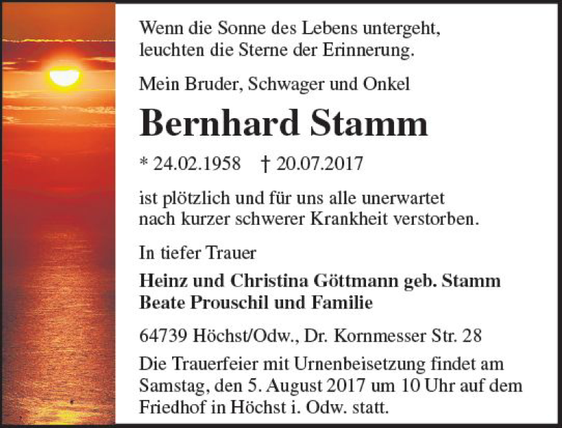  Traueranzeige für Bernhard Stamm vom 02.08.2017 aus Trauerportal Echo Online