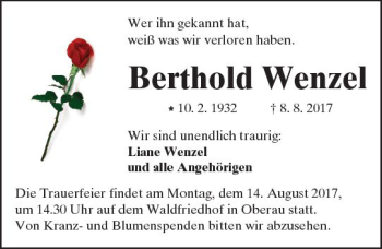 Traueranzeige von Berthold Wenzel von  Kreisanzeiger