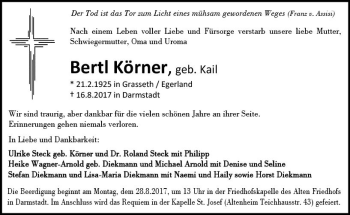 Traueranzeige von Bertl Körner von Trauerportal Echo Online