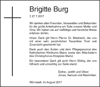 Traueranzeige von Brigitte Burg von Trauerportal Rhein Main Presse