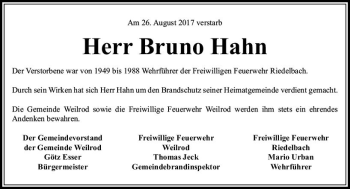 Traueranzeige von Bruno Hahn von  Usinger Anzeiger