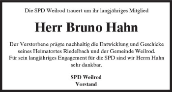 Traueranzeige von Bruno Hahn von  Usinger Anzeiger