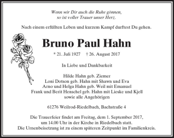 Traueranzeige von Bruno Paul Hahn von  Usinger Anzeiger