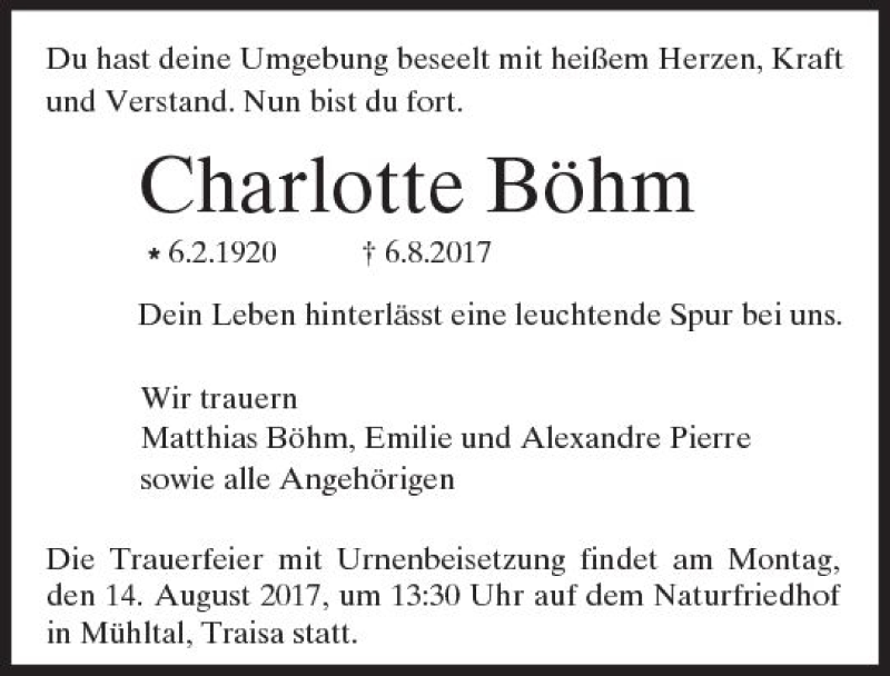  Traueranzeige für Charlotte Böhm vom 10.08.2017 aus Trauerportal Echo Online