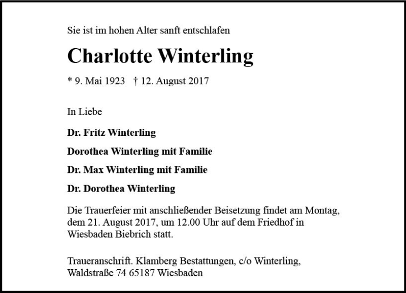  Traueranzeige für Charlotte Winterling vom 19.08.2017 aus Trauerportal Rhein Main Presse