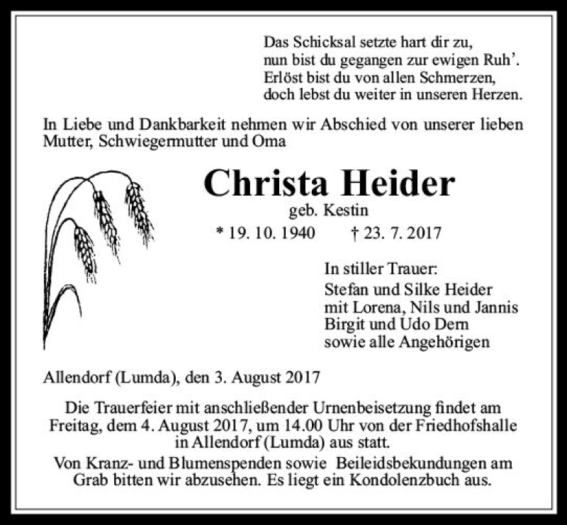  Traueranzeige für Christa Heider vom 03.08.2017 aus  Gießener Anzeiger