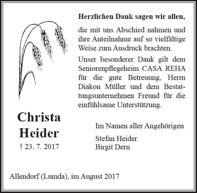  Traueranzeige für Christa Heider vom 26.08.2017 aus  Gießener Anzeiger