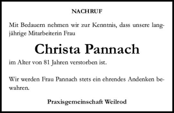 Traueranzeige von Christa Pannach von  Usinger Anzeiger
