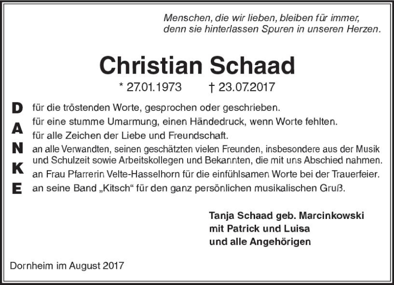  Traueranzeige für Christian Schaad vom 19.08.2017 aus Trauerportal Echo Online