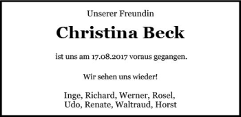 Traueranzeige von Christina Beck von Trauerportal Echo Online