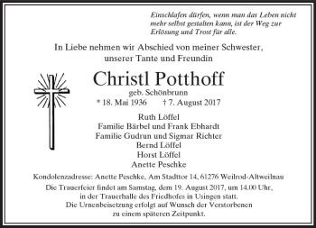 Traueranzeige von Christl Potthoff von  Usinger Anzeiger